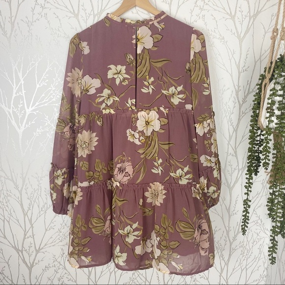 LOVE + HARMONY Mauve Floral Tiered Ruffle Mini Dress Medium Boho Peasant - Picture 2 of 12